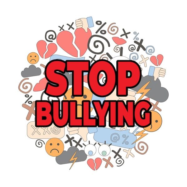 Image with text reading stop bullying overlaid over several clipart images of sad faces, black clouds, lightening and broken hearts